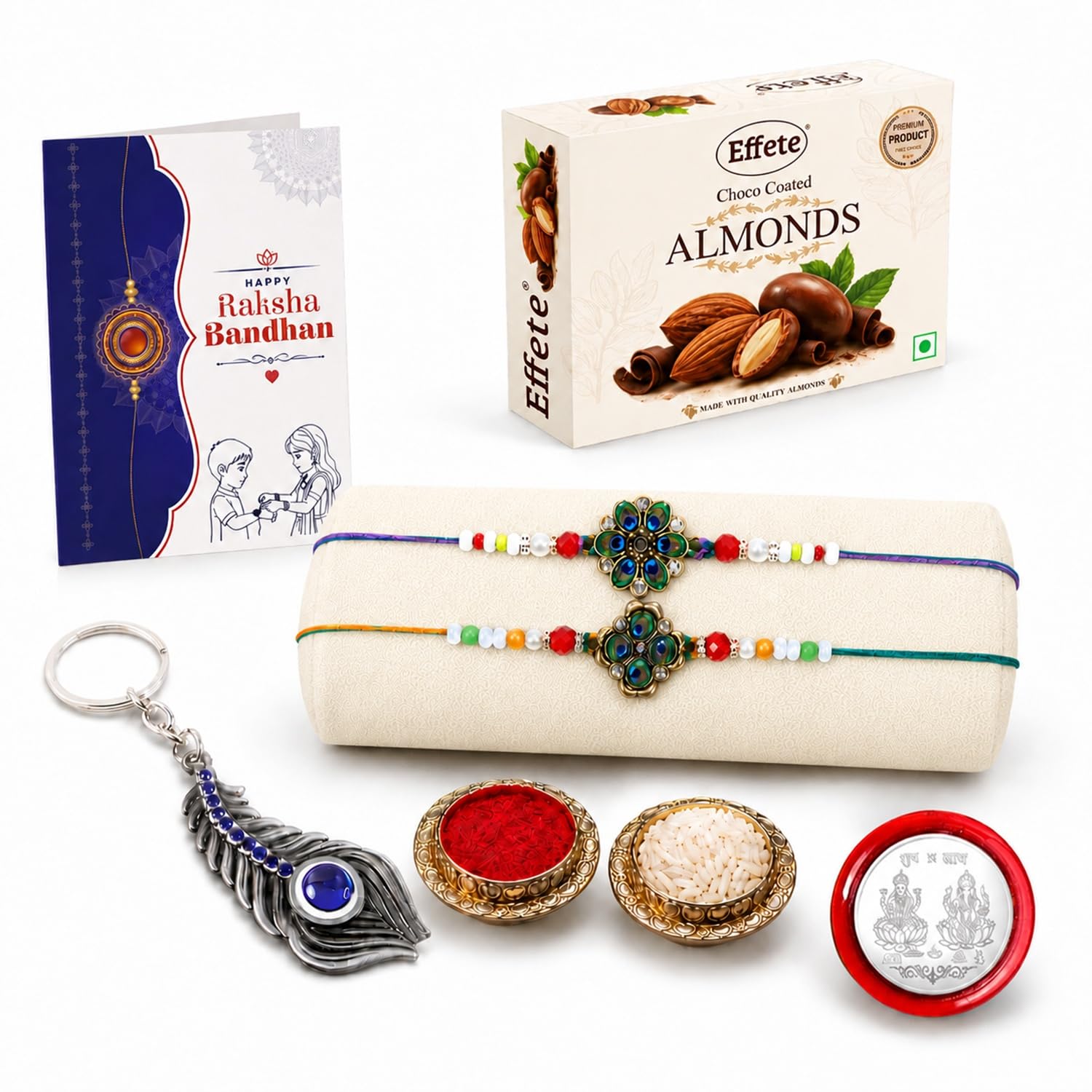DeoDap Designer Peacock Rakhi Set of 2 for Brother with Choco Coated Almonds Chocolate 32gm, Bonus Keychain, Pooja Coin, Roli Chawal & Card | Rakhi with Chocolate Combo for Raksha Bandhan-image-24
