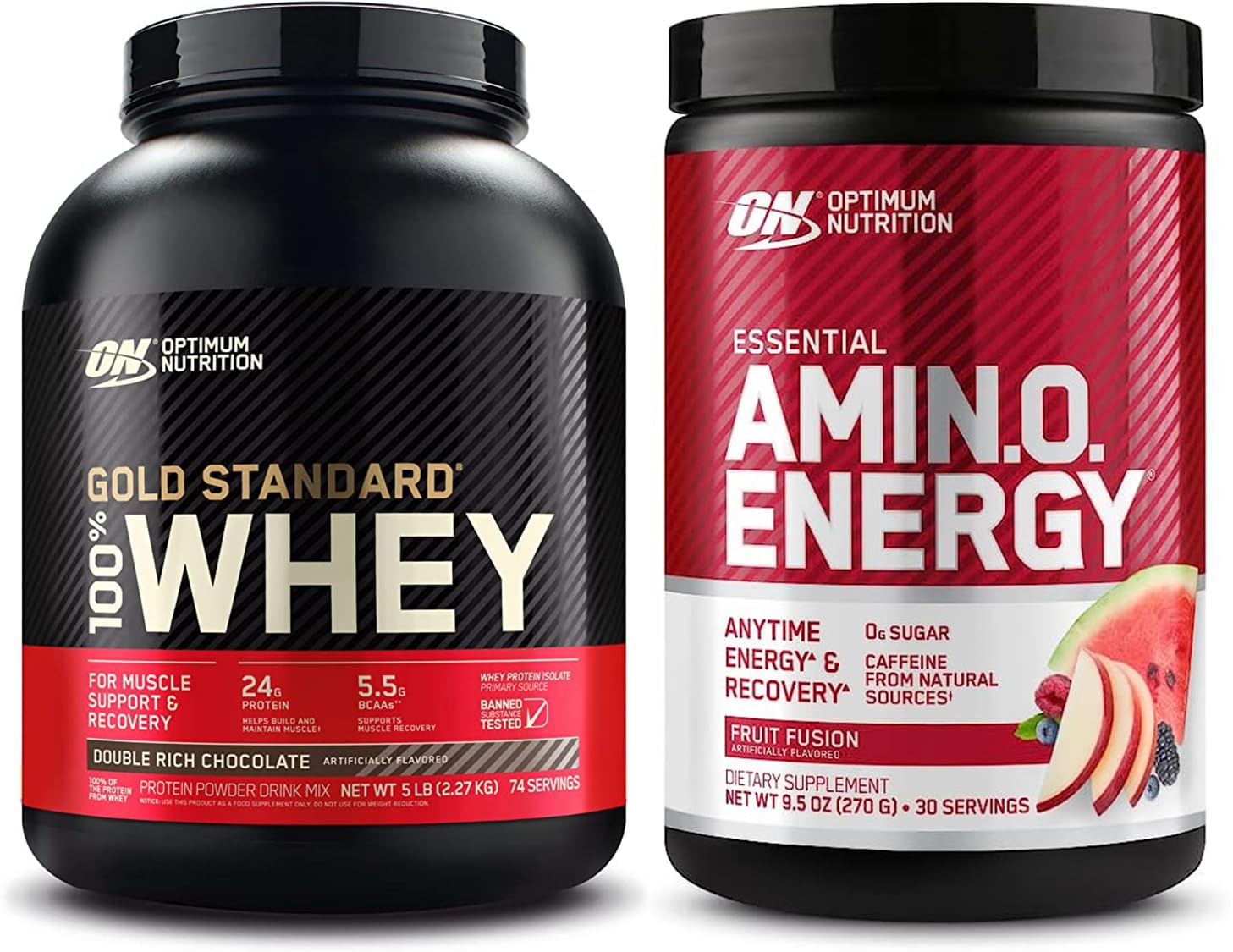 Optimum Nutrition (ON) Gold Standard 100% Whey Protein Powder - Double Rich Chocolate 5 Lbs + Optimum Nutrition (ON) Amino Energy - BCAA, Amino Acids, Green Coffee Extract- Fruit Fusion 270 G