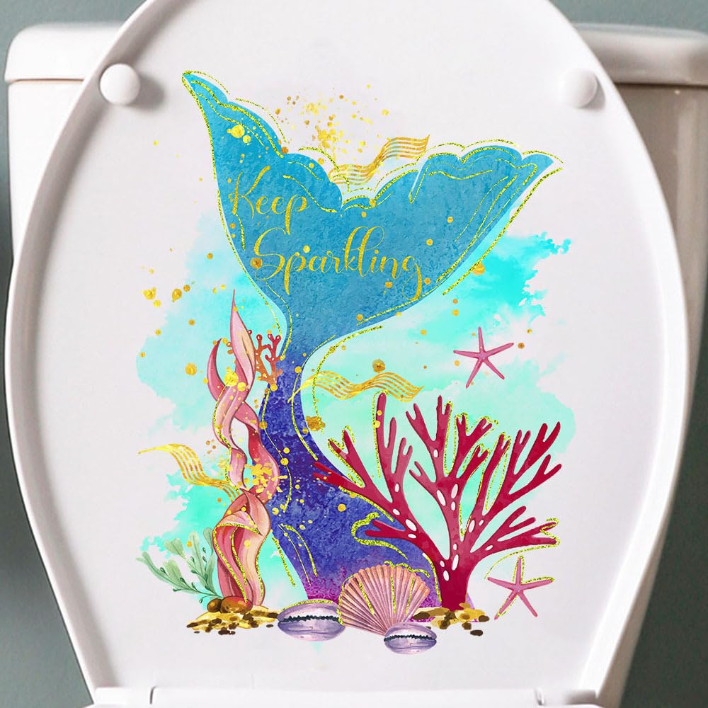 Hubangzhu Color Mermaid Fish Toilet Cover Sticker Decals,Ocean Mermaid Tail Waterproof Toilet Lid Tank Seat Decals Cistern Self-Adhesive Bathroom Wall Sticker
