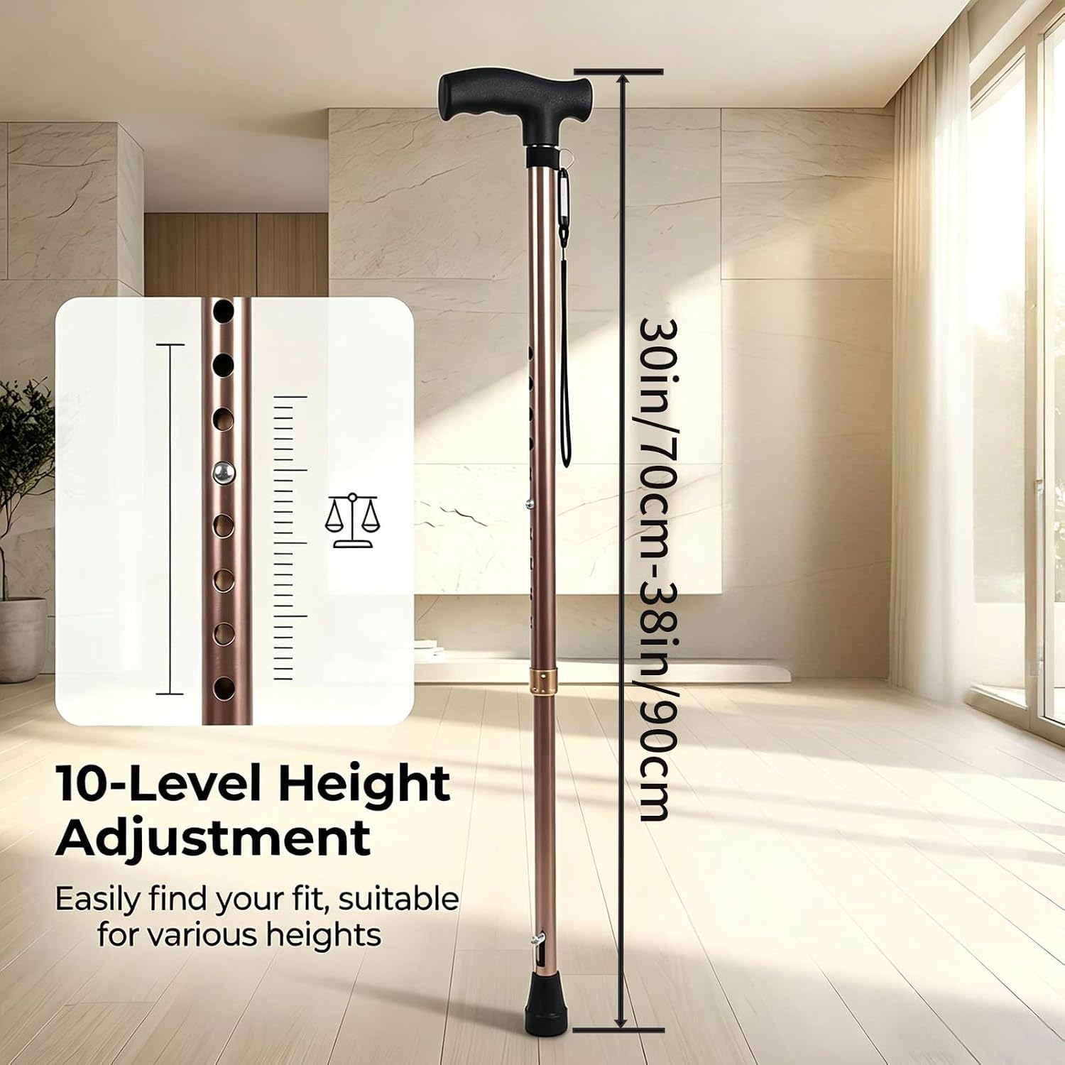 Lightweight Adjustable Walking Cane for Seniors Adults, Heavy Duty Aluminum Walking Cane with Ergonomic Handle, Non-Slip Ice Tip & Wrist Strap for Stable Daily Walking
