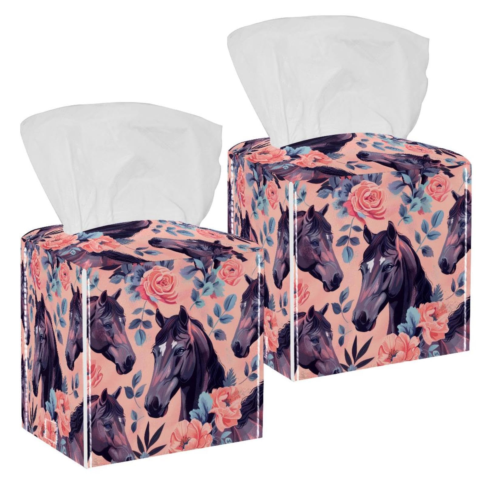 Horses Floral Tissue Box Cover, 2 Pack PU Leather Square Facial Tissue Dispenser Box holder for Home Office Car