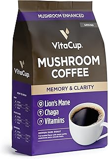 VitaCup Mushroom Coffee Grounds, with Lions Mane, Chaga, B Vitamins, D3, Boost Focus, Immunity, Memory & Clarity, Medium Dark Roast, Bold & Smooth 100% Arabica Specialty, 10 Oz