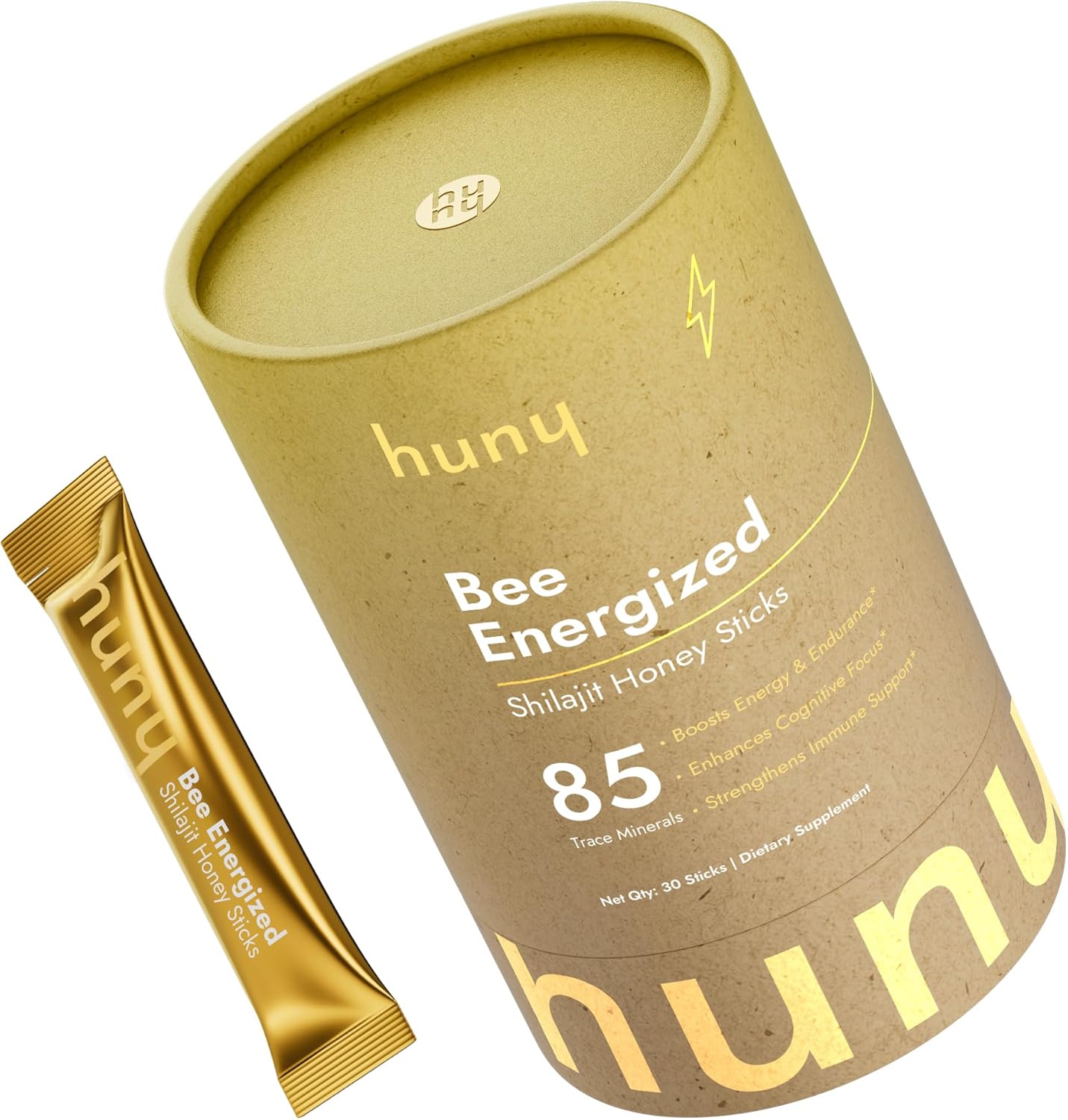 HUNY Bee Energized Shilajit Honey Sticks | Functional Raw Honey + TruBlk Clinically Studied Pure Himalayan Shilajit | 85+ Trace Minerals & Fulvic Acid for Clean Energy | 30 Count