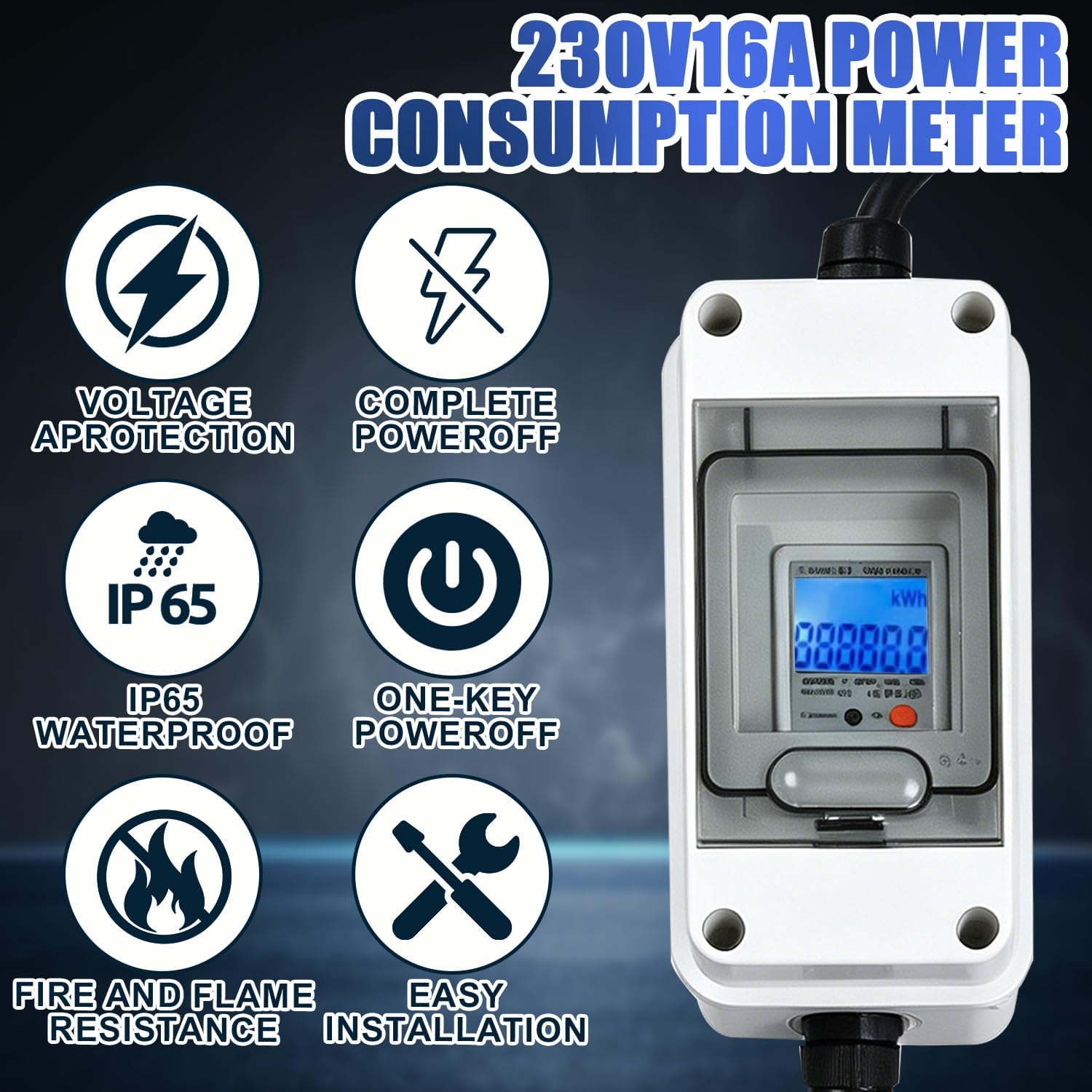 Mobiler Digitaler Stromzähler 230V mit Reset-Taste und IP65 Wasserdicht Stromzähler Steckdose für Wohnmobile, Elektrofahrzeuge und Haushalte, 1m Kabel