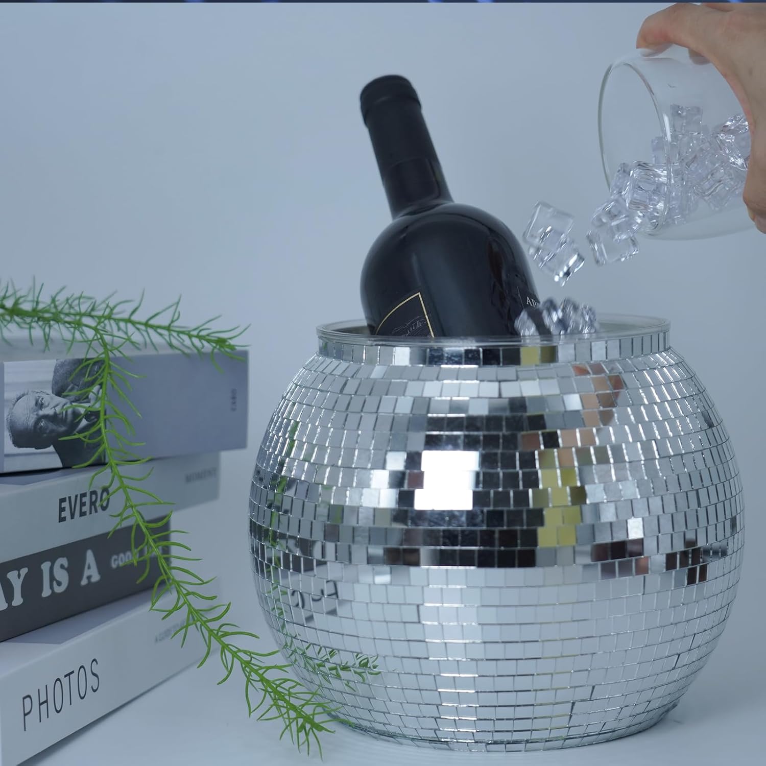 Disco Ice Bucket for Cocktail Bar, Mirror Silver Disco Ball Decor, Retro Party Accessories, 8.8 Inch Theme Party Decorations, Cooler for Wine Beer Champagne Ice Cold Drinks
