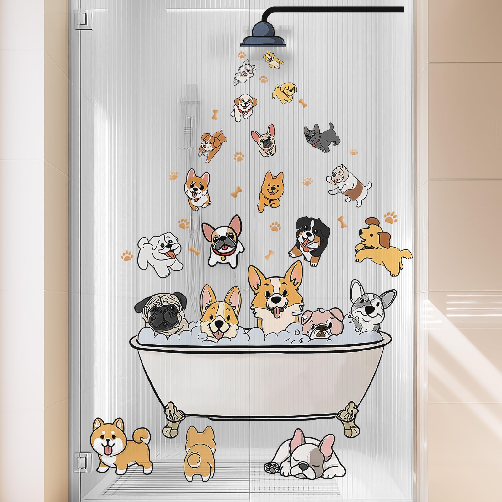 Vepret Colorful Cute Dogs Wall Decals Peel And Stick, Large Cartoon Bathtub Bone Wall Stickers & Murals, Removable Home Decor Art For Bedroom Living Room Classroom Office