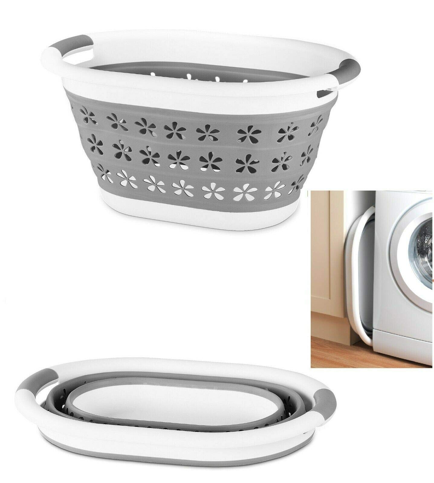 Optimal Products Collapsible Laundry Basket Hamper Clothes Storage Washing Foldable Bin Hipster (white & Grey, Medium (50cm))