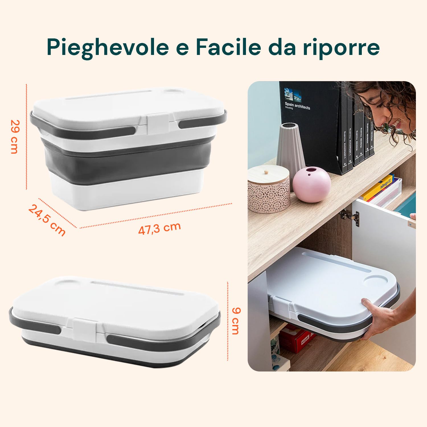 Cesta de Picnic Plegable con Superficie de Apoyo – Cesta Plegable para Playa y Camping, de Polipropileno, 16 l, Blanco y Gris, 47,3 x 9-24,5 x 29 cm