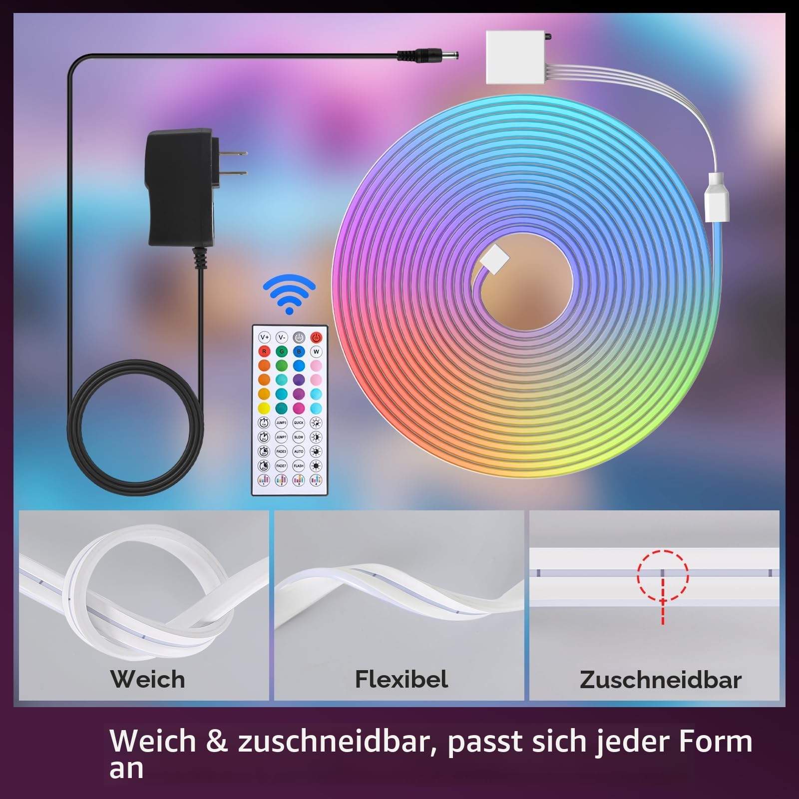 15M RGB LED Neon Strip, 24V IP65 Wasserdicht Led Streifen mit Remote/APP, Musik Sync, Multiple Modes, Flexible Led Band für Schlafzimmer im Freien Dekor [Energieklasse F]