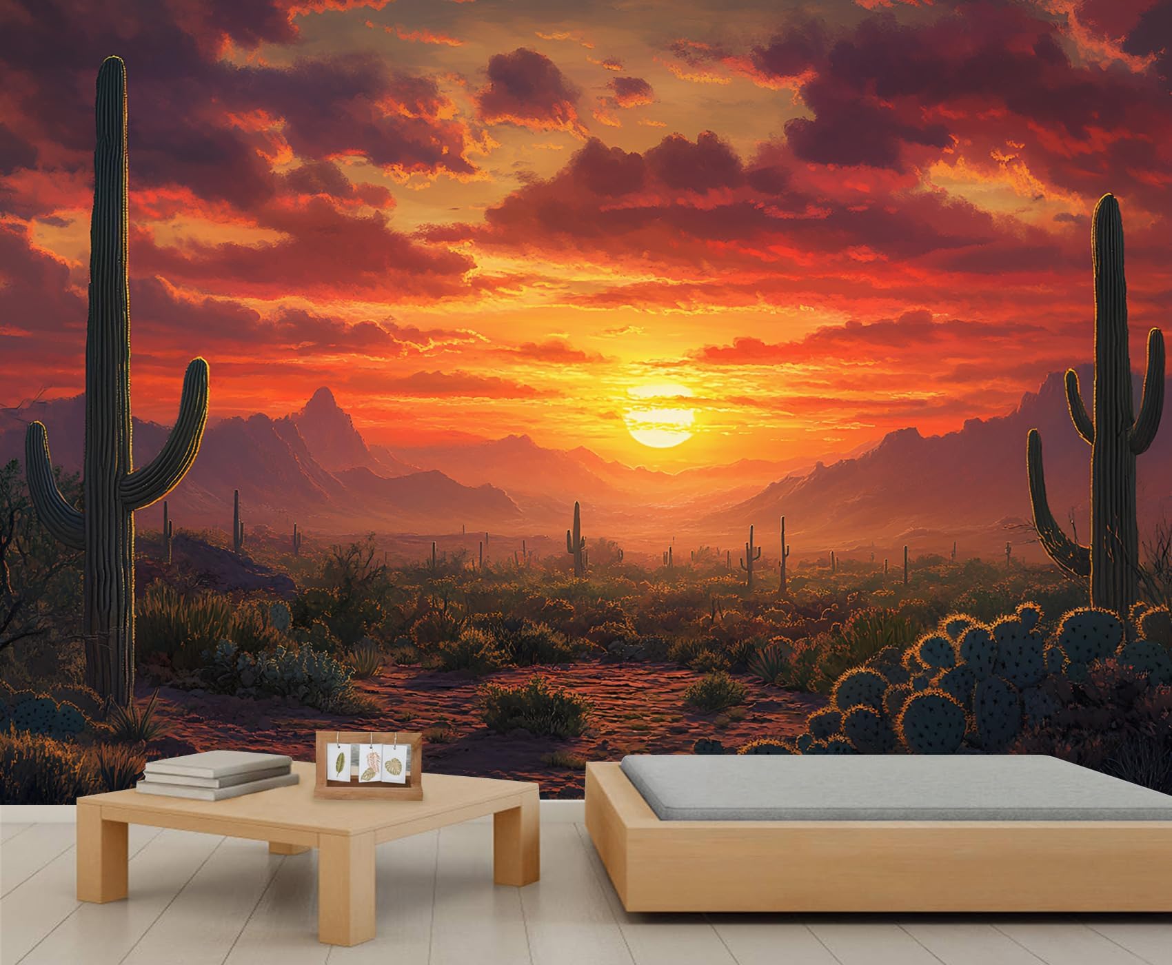 Cactus Plants Wall Mural Wallpaper, Desert Sunset Landscape 3D Mural Wallpaper, Natural Sunset Wall Murals for Bedroom Home Decor Living Room Dining Room Office