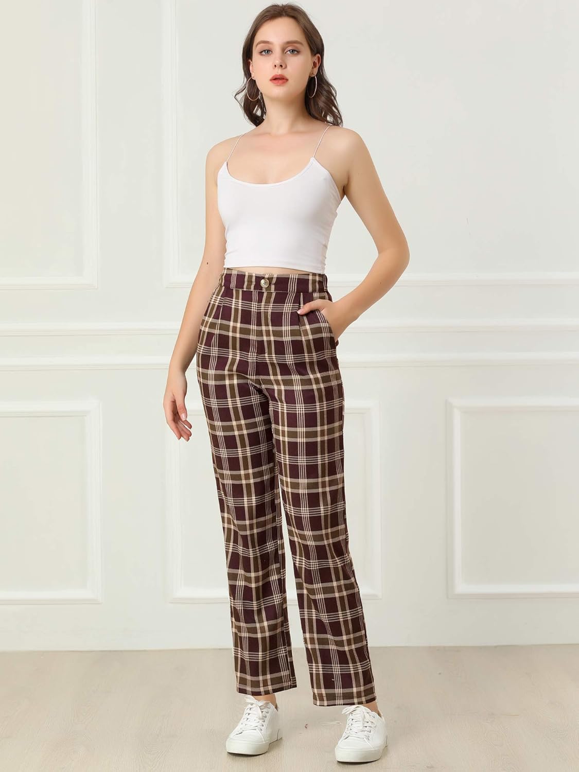 Allegra K Women's Plaid Pants Elastic Waist Casual Work Office Long Trousers - Image 3