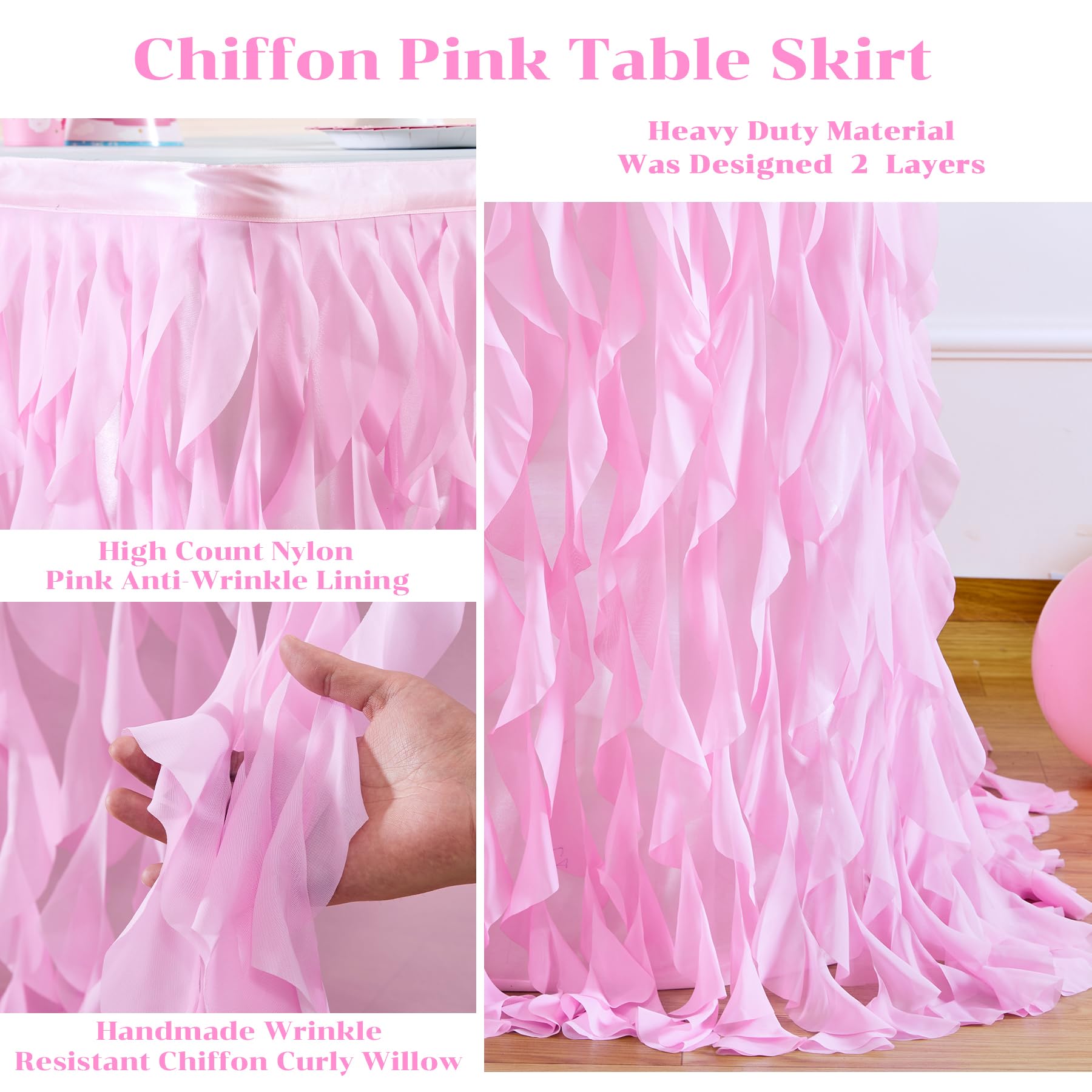 PARTISKY Gonna da tavolo in tulle rosa riccio in salice per tavolo rettangolare da 5,2 m, con volant, per baby shower, feste di compleanno e torte