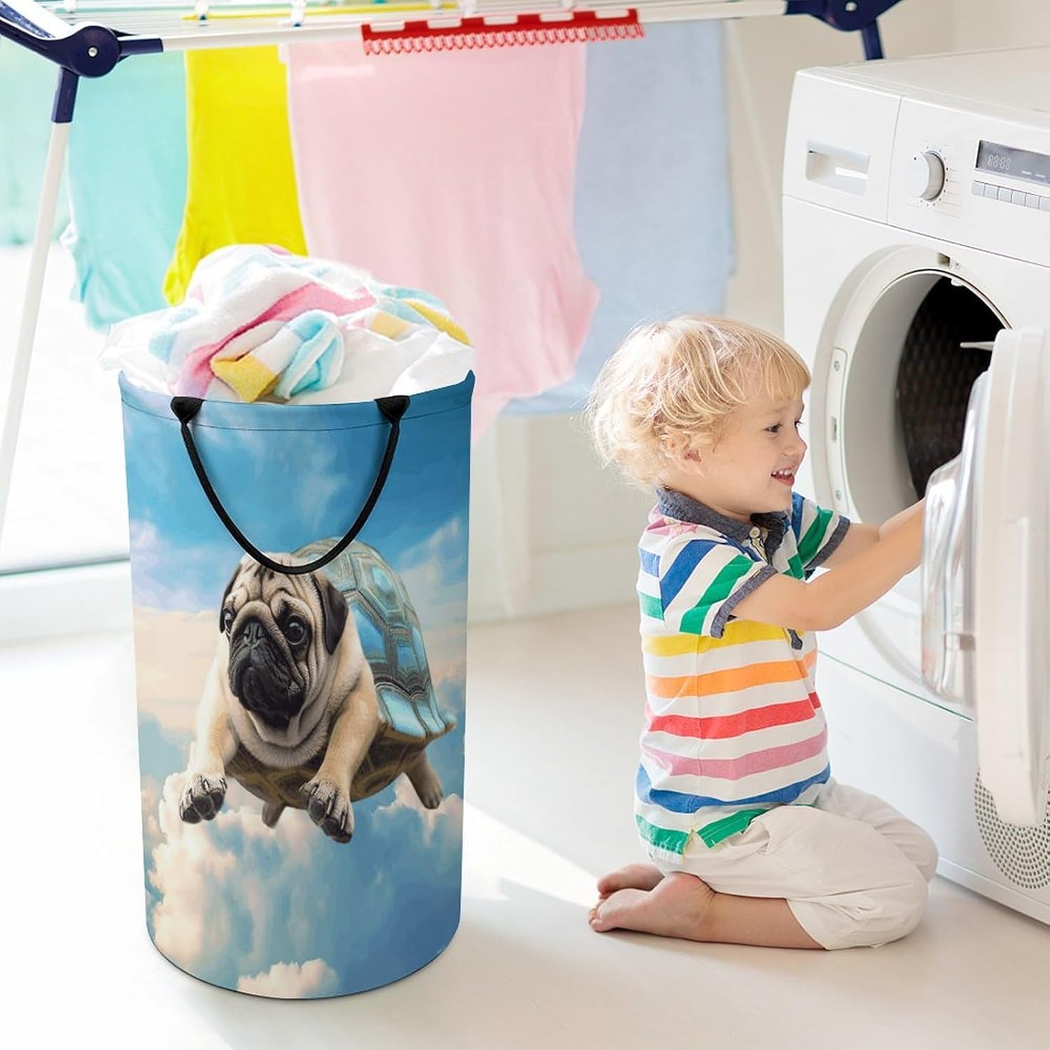 Funny Turtle Pug Dog in The Sky Laundry Hamper with Handles Waterproof Collapsible Laundry Basket Large Lightweight Round Dirty Clothes Hamper for Home Dorm Bathroom Decor