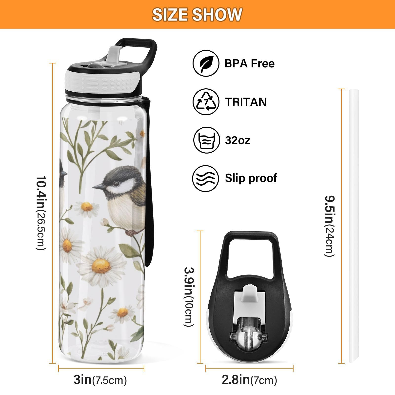 Chickadee Birds Wasserflasche, 900 ml, transparentes Tritan, BPA-frei, auslaufsicher, mit Tragegurt, für Sport, Fitnessstudio und Outdoor-Aktivitäten