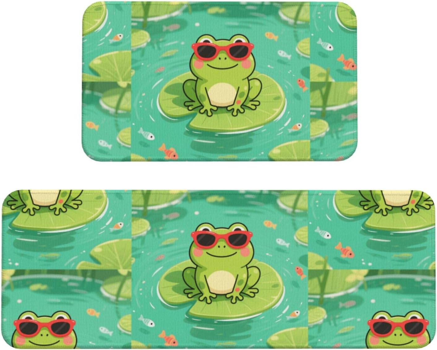 Green Frog with Sunglasses Kitchen Rugs Set of 2, Cushioned Anti-Fatigue Kitchen Mats for Floor, Waterproof Comfort Standing Mat Absorbent Velvet Kitchen Runner Rugs 17"x30"+17"x47"