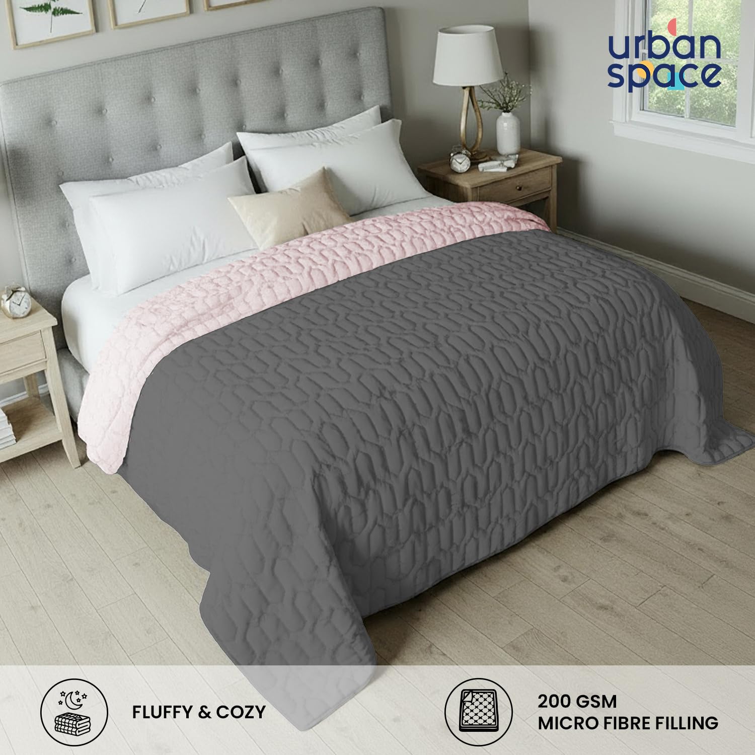 Urban Space Ultra Soft Quilted Winter Solid Comforters for Single Bed | 200 GSM | Fluffy Microfibre Reversible Solid AC Blanket/Duvet for Luxury (Grey & Rose - 58 X 88 Inches or 145 cm X 225 cm)