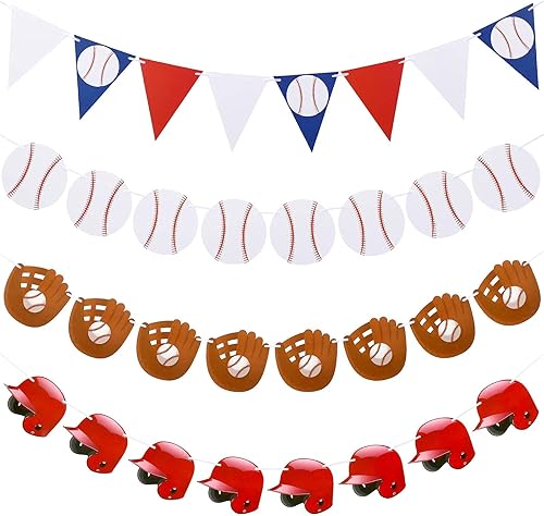 Miniatura 2 de Tatuo 6 banderines de béisbol, banderines de papel, guante de béisbol y gorra de béisbol para decoraciones de fiestas temáticas deportivas,