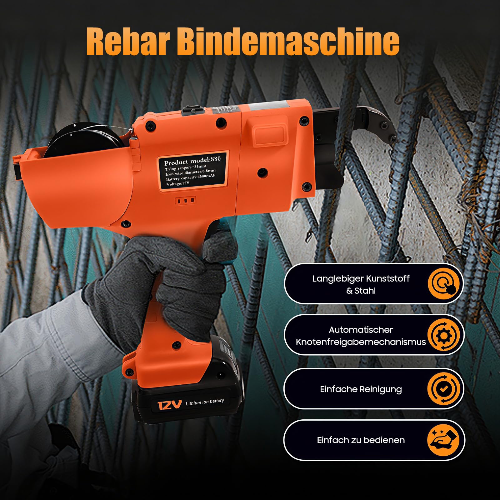 Connettore di rinforzo, rilegatrice elettrica Rebar, 8 mm - 34 mm 12 V Rebar 8 mm - 34 mm, macchina automatica per la costruzione automatica