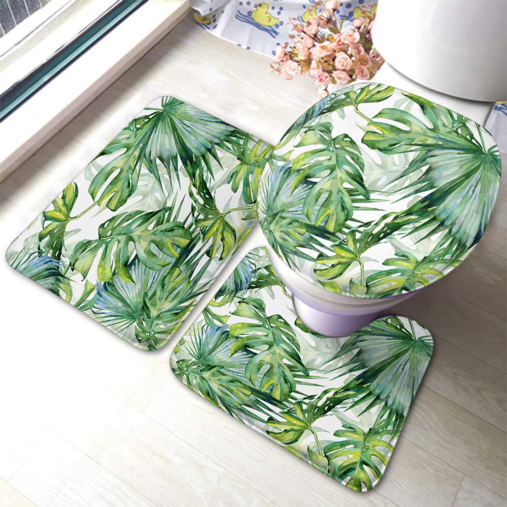 JOOCAR Palm Leaf Bath Mat Tropical Jungle Forest Botanical Plant Palm Tree Banana Leaves Bathroom Mat Set 3 Pieces Rug Toilet Seat Lid Cover Non Slip Mat Anti-Skid Pad Bathroom Decor Green