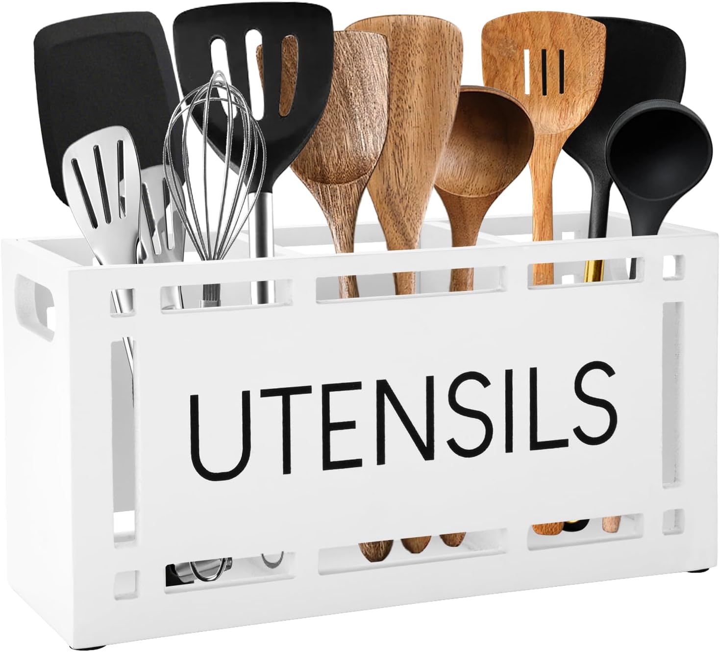 Utensil Holder for Kitchen Counter, Large 3 Compartments Solid Real Wood Utensil Caddy Organizer with 4 Non-Slip Pads, Rectangular Cooking Tools Storage for Countertop, Brown