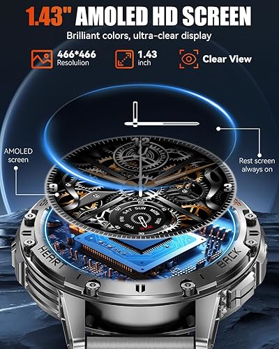 Miniatura 3 de Relojes inteligentes militares para hombre con llamada Bluetooth, reloj inteligente AMOLED impermeable de 1.43 pulgadas con linterna, 111 modos