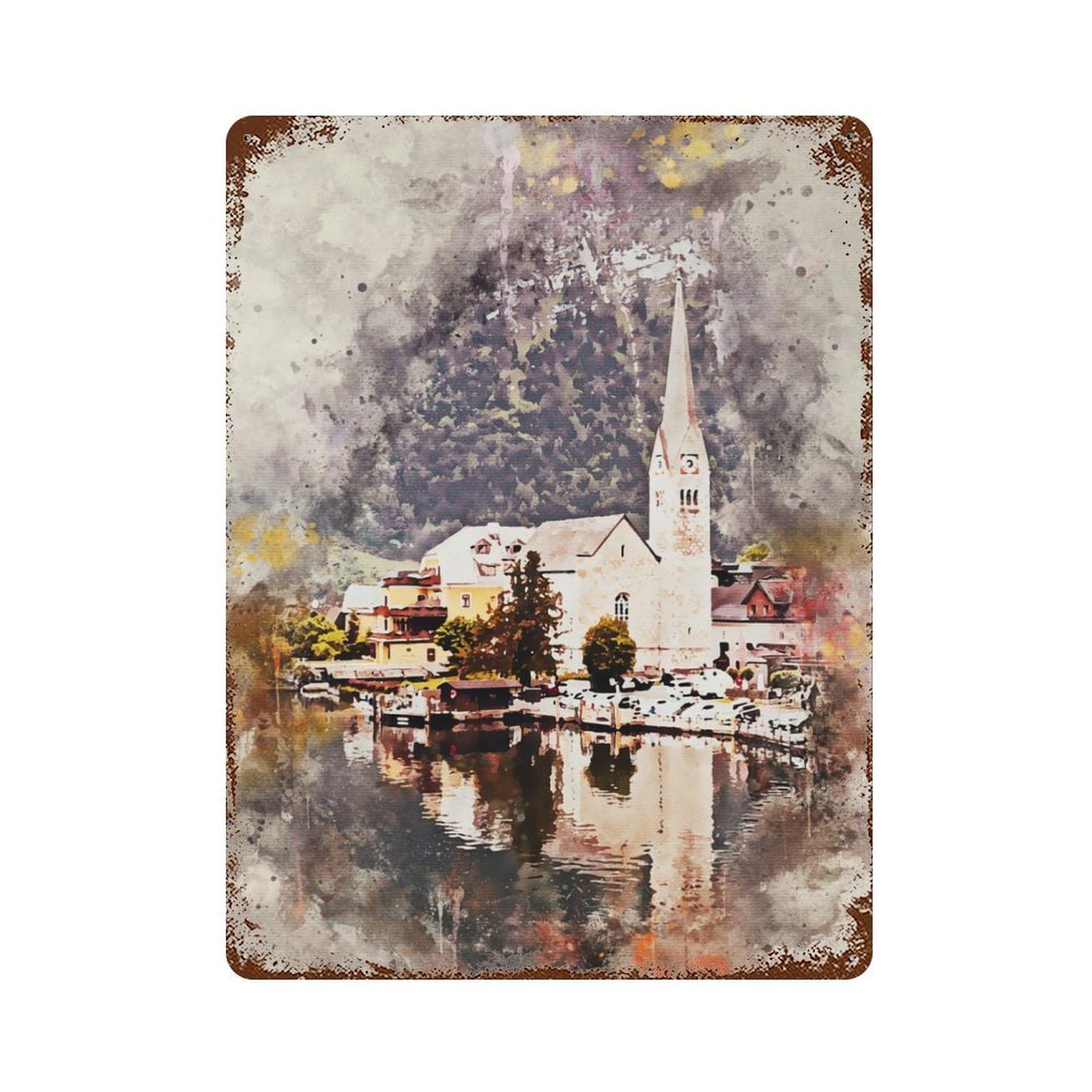 Hallstatt in Watercolor Rust Effect Tin Sign 15.7"x11.8", Rustic Home Decor for Garage, Bar And Workshop Decor