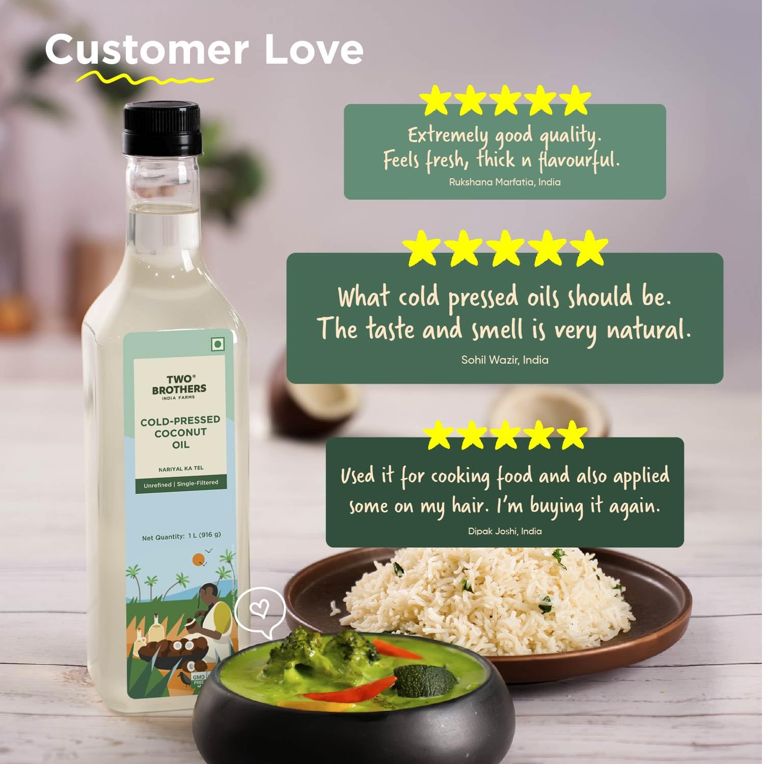 Two Brothers India Farms India's Only Certified Glyphosate Free | Coconut Oil, Made using Coconut | Hexane-free | Cold-Pressed and Single-Filtered Oil for better Cooking | 1 Litre 4