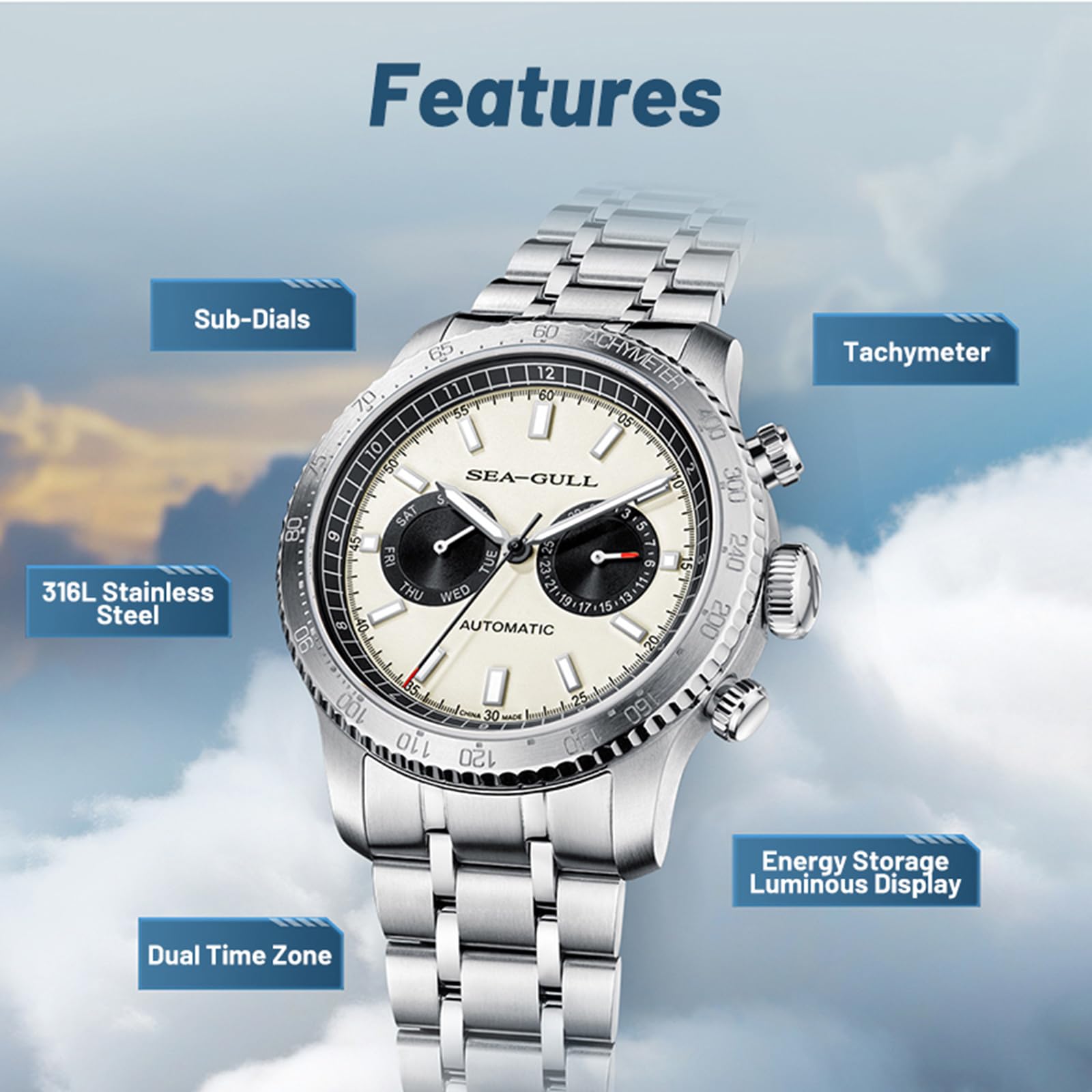 SEA-GULL Mechanische Herrenuhren, GMT Dual-Kalender, Panda-Auge, automatische Armbanduhr, Möwe ST2502, Tachymeter, leuchtend, 6177