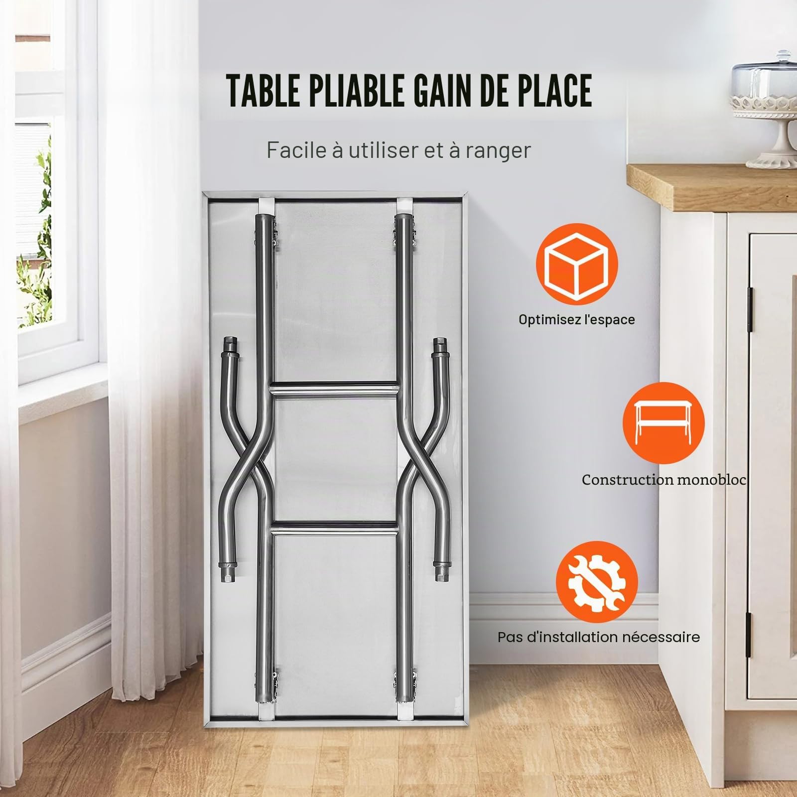 VEVOR Table de Travail Cuisine Pliante en Acier Inoxydable 1 Étage, Table de Travail Commercial 1220x610mm pour Préparation des Aliments,Table Charge 300 KG avec 4 Pieds Réglables