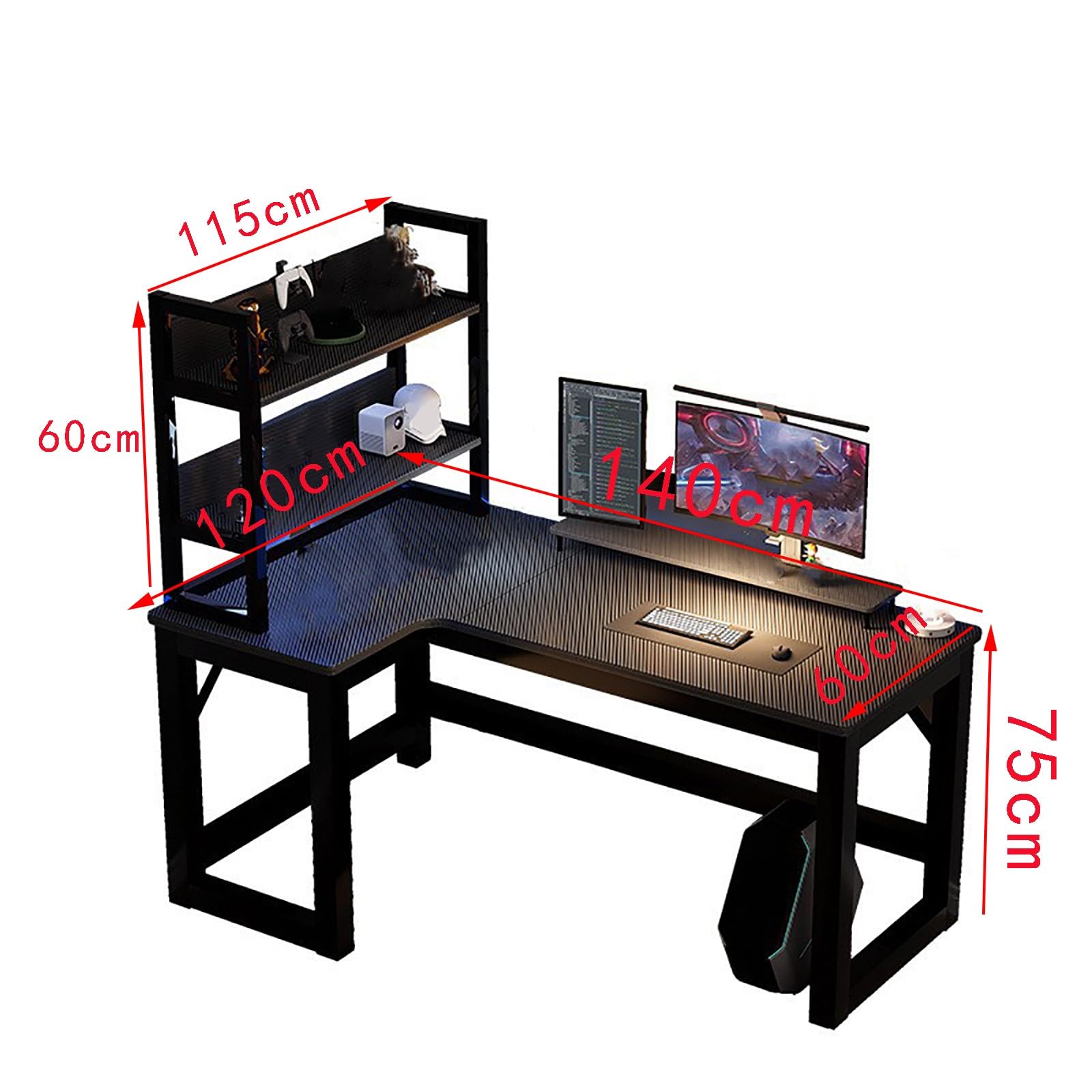Scrivania da gioco a forma di L, in fibra di carbonio, con armadietto, postazione di lavoro angolare, per casa, ufficio e studio, finitura noce, 140 x 120 cm, ideale per giocatori e professionisti
