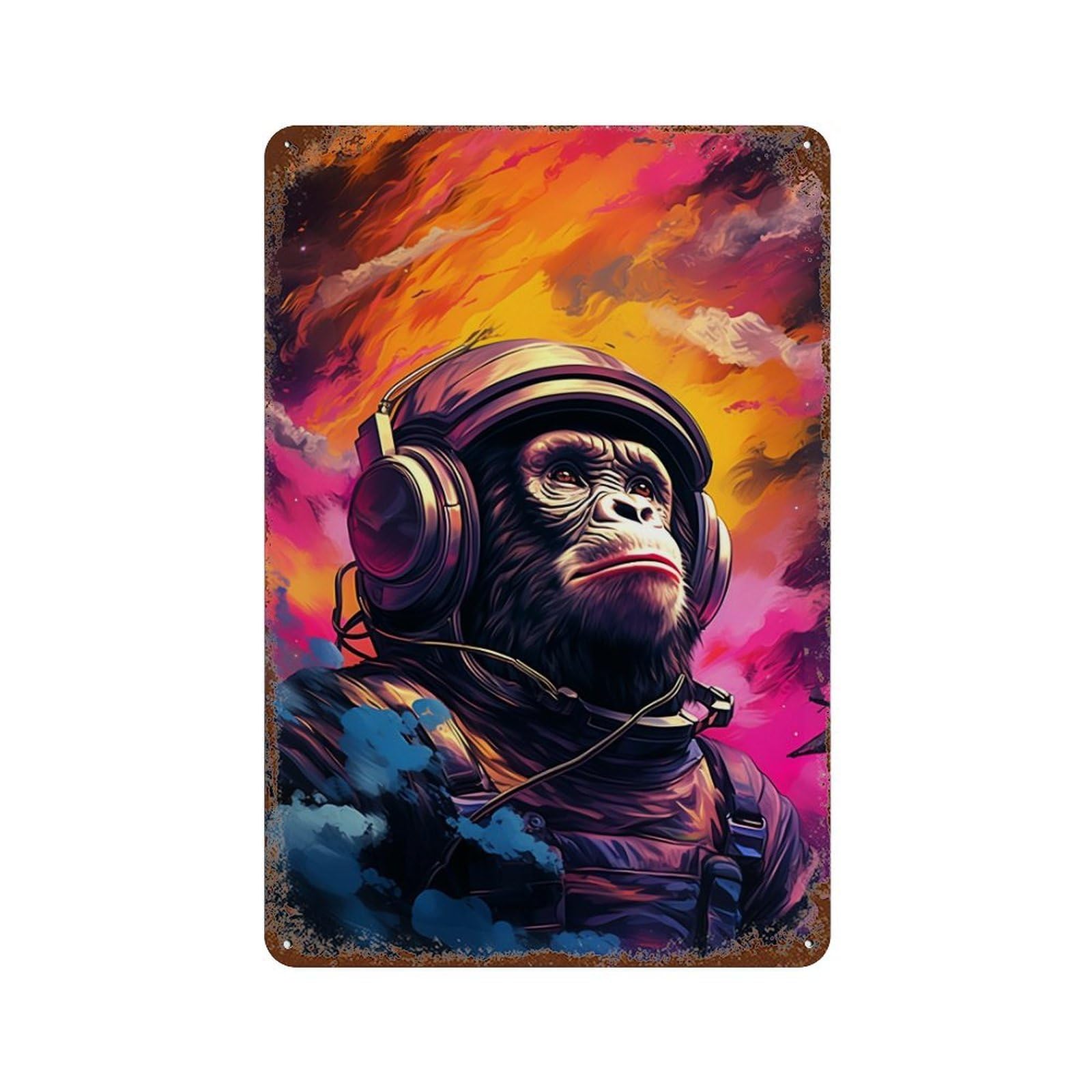 Rusty Metal Tin Sign Ape Astronaut in Space-7 11.8"x7.9", Classic Wall Plaque for Cafe, Home Bar And Lounge Decor