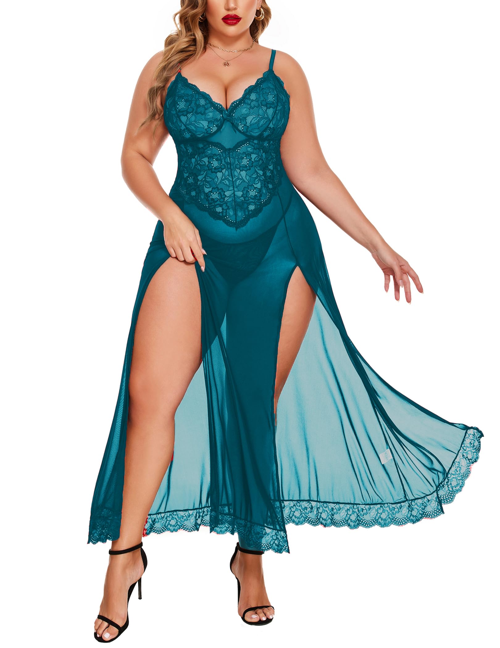 Avidlove Plus Size Lingerie for Women Sexy Lace Babydoll Long Lingerie Dress Side Split Nightgown: Blue Green X-Large