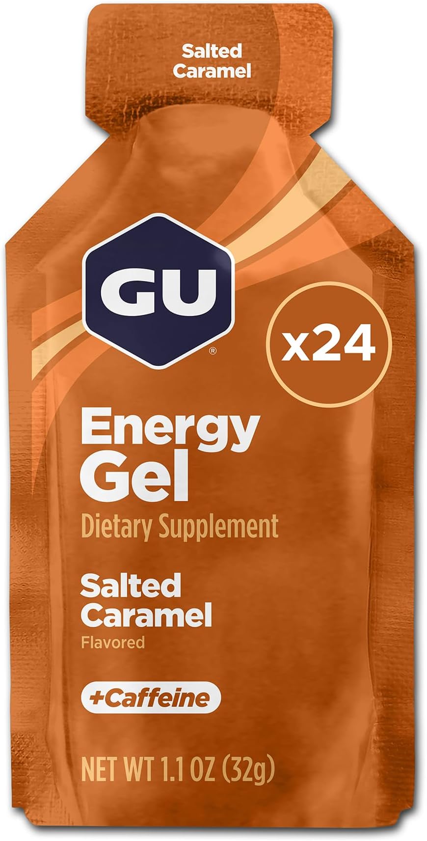 GU Original Energy Gels, Salted Caramel 24 Pack - 100 Calorie Energy Gel with Carbohydrates, Caffeine, BCAAs and Electrolytes - Pre-Workout Fuel for Running, Cycling, Triathlon and Endurance Sports