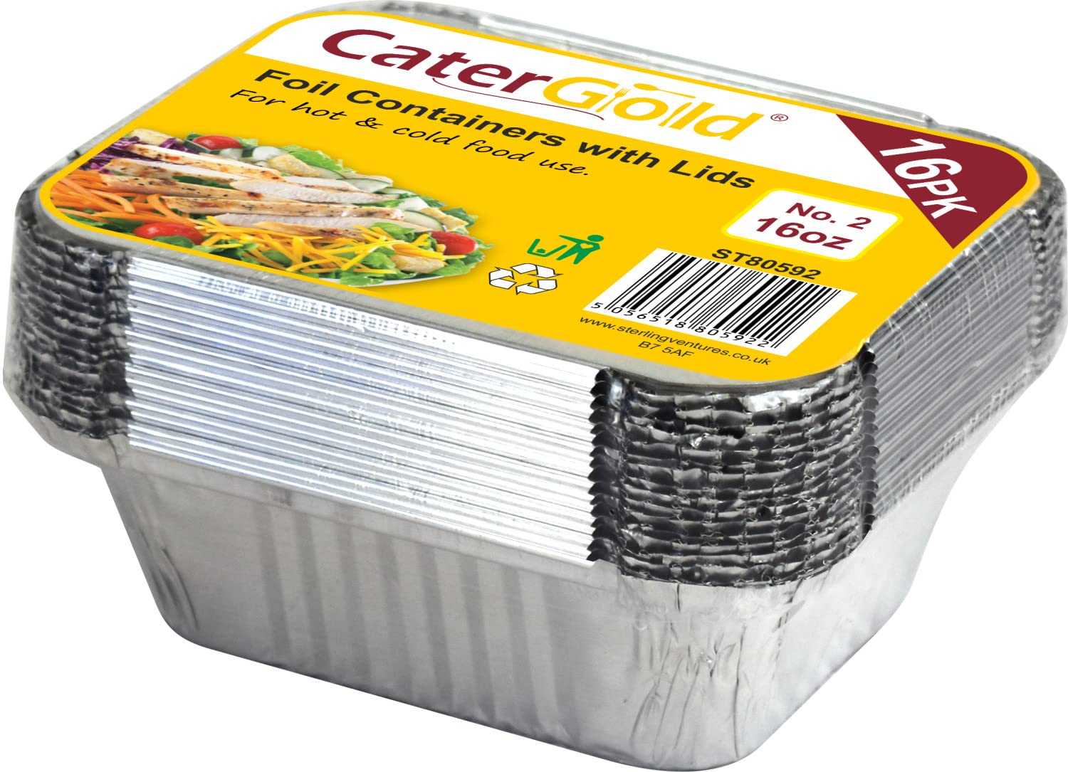 Catergold Silver 16Oz Aluminium Foil Food Containers With Lids No 2 (16Pk)
