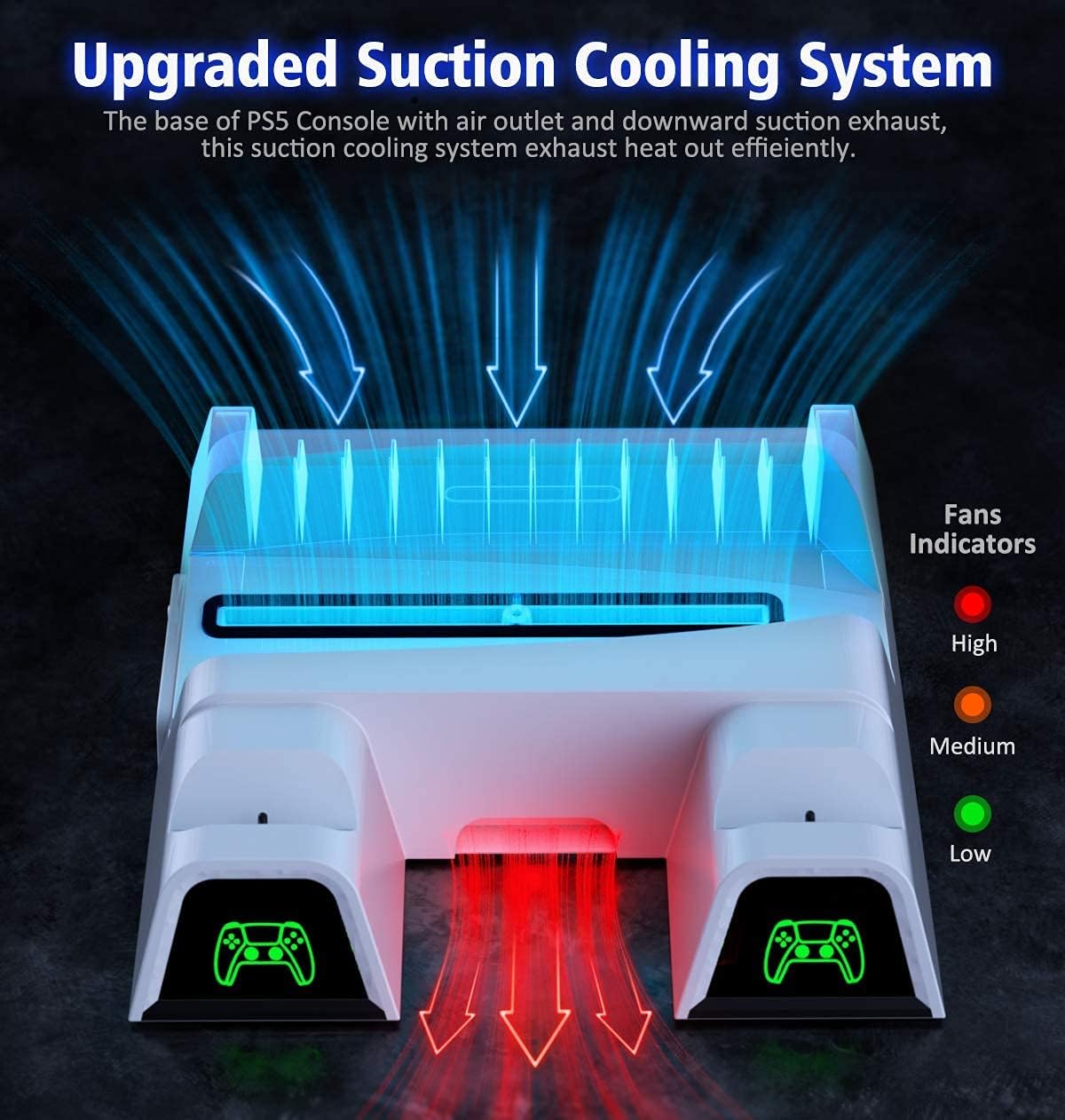 PS5 Stand with Suction Cooling Fan and Dual Controller Charger Station, 12 Games Storage Compatible with Playstation 5 (PS-5-COOLINGG-FAN-1)