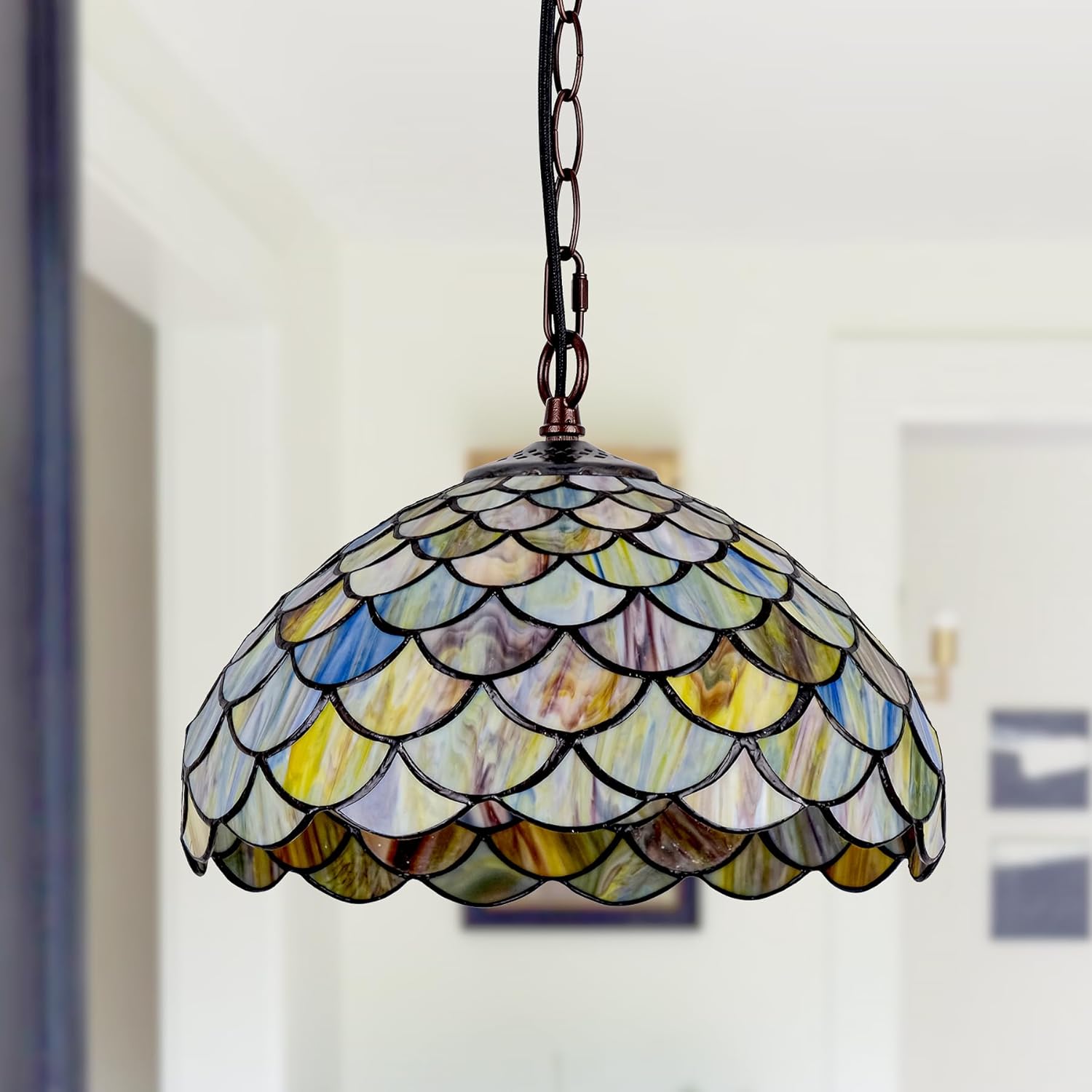 Tiffany Style Stained Glass Pendant Light Plug in, 12" Wide Fish Scale Design Hanging Lamp, 60 Inch Chain 15 Feet Cord Living Dining Room Bedroom Kitchen Home Office
