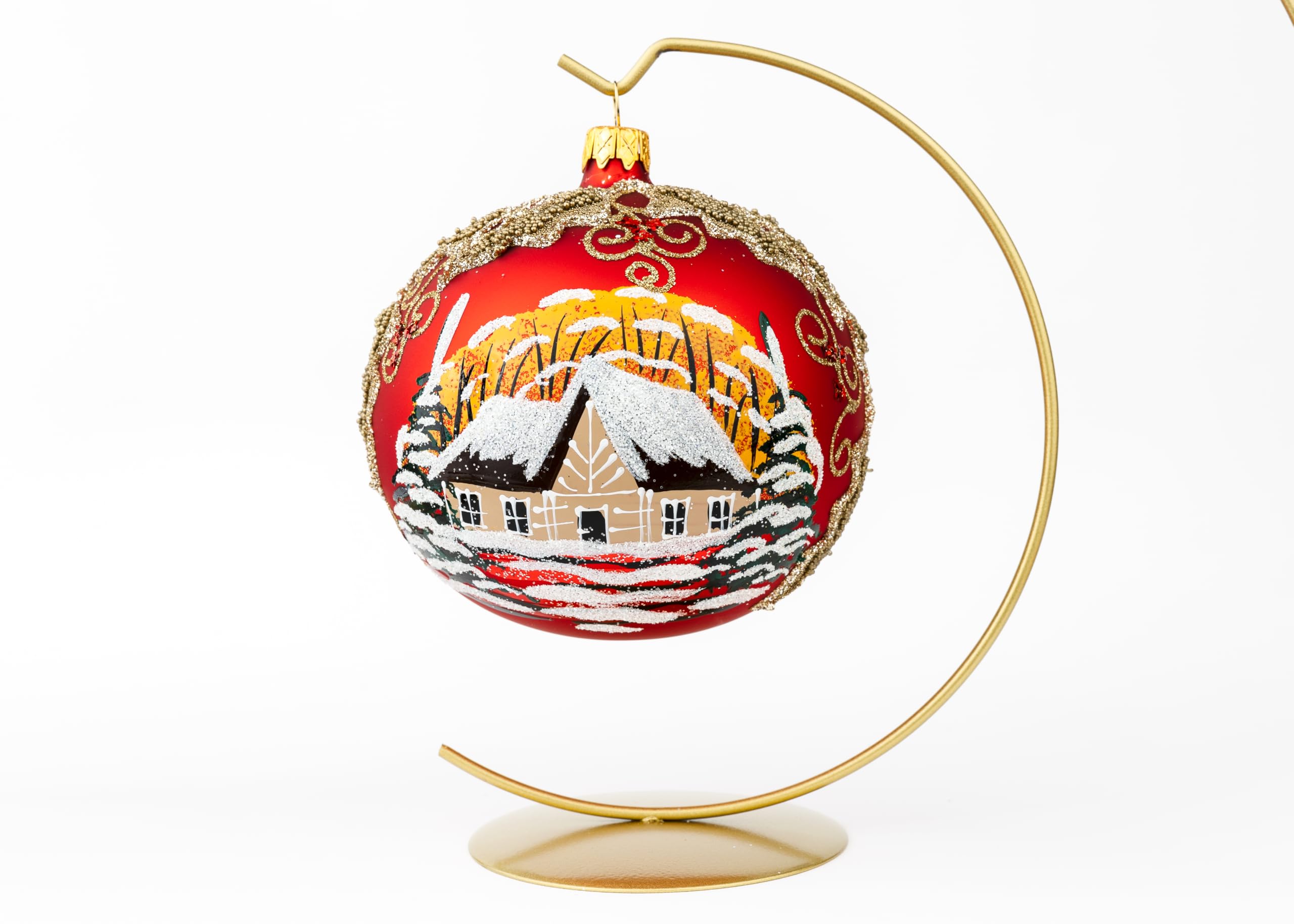 Bola de cristal soplado pintada a mano con diseño de Navidad, color rojo, tamaño mediano, 120 mm, hojas de muérdago