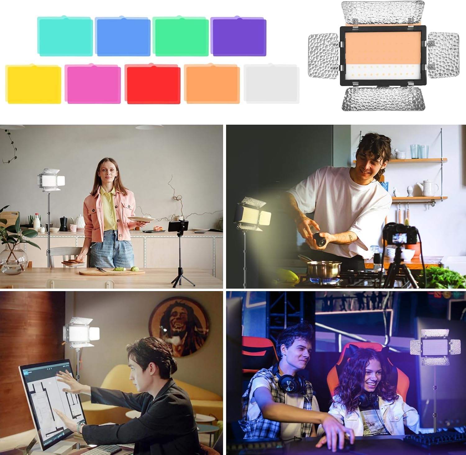 Luz de Vídeo con Barndoor y 9 Filtros, EMART Iluminación de Fotografía | 5500K 66 LED, Regulable, Grabación de Vídeo, Streaming, Youtube, Estudios Fotográficos, Rodajes