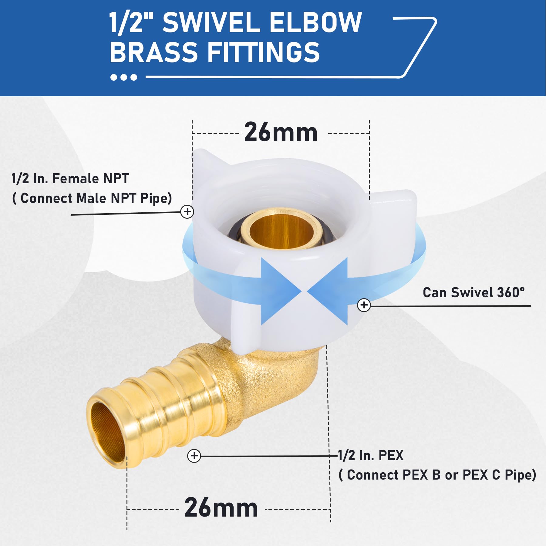 PEX - Codo giratorio roscado hembra NPT de 1,27 x 1,27 cm, accesorios de crimpado de latón, accesorios Pex 1,27 cm, adaptador hembra giratorio de 90 grados para conector de grifo RV Pex (6