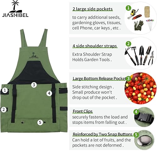 Miniatura 3 de JIASHIBEL Delantal de jardinería con bolsillos para mujeres y hombres, delantal de jardín de lona ajustable con bolsillos de liberación rápida