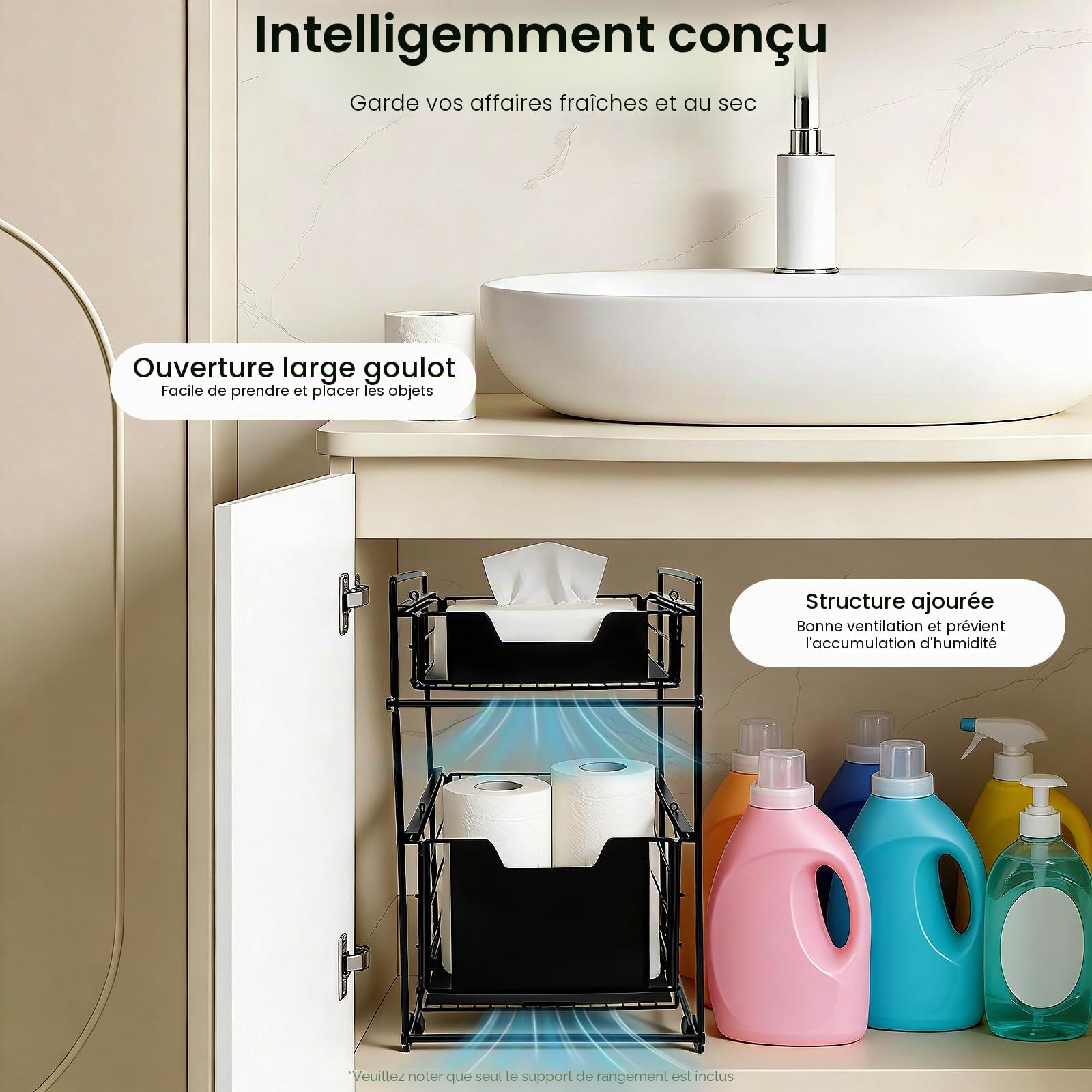 Organisateur d'armoire de cuisine à 2 étages - Organiseur télescopique - Tiroir de cuisine extensible - 37,4 x 28,2 x 44 cm - Noir