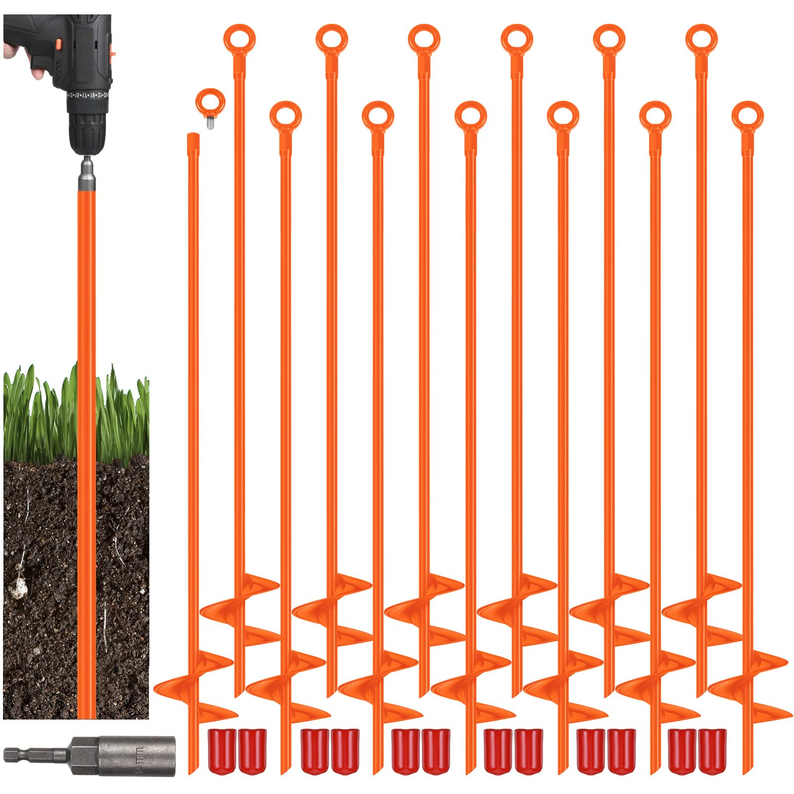 12 Pcs 30 Inch Long Spiral Ground Anchor Heavy Duty for Hard Soil (Orange)