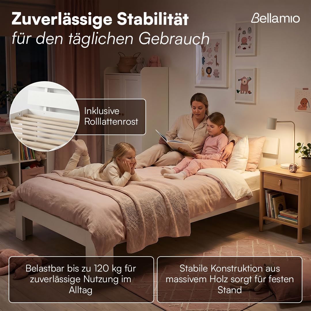 Bellamio Kavir Holzbett 120x200 cm, Massivholz Kiefer, mit Lattenrost, weiß | Massivholzbett , Bettgestell mit Bettkopf, Stabiler Bettrahmen bis 120 kg, geeignet als Einzelbett, lackiert