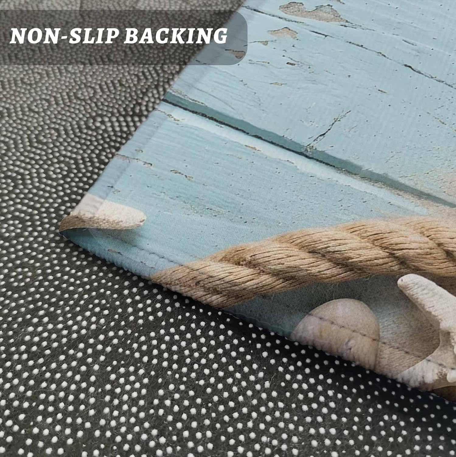 Kitchen Mats for Floor Rustic Coastal Conch Rope Starfish Washable Non Slip Kitchen Rugs 2PCS, Blue Wood Board Absorbent Standing Mats for Sink Bathroom Office Living Room 15.7x23.6in+15.7x47.2in