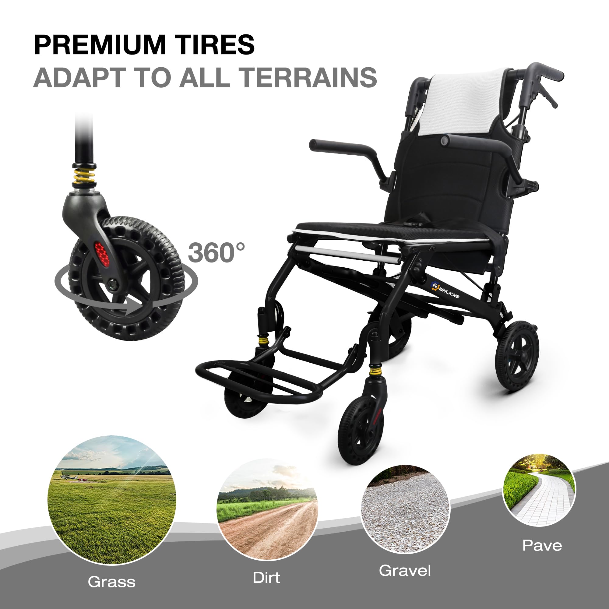 Fauteuils roulants pour adultes fauteuil de transport léger et pliable avec poignée télescopique, largeur d'assise de 46 cm. Fauteuils roulants pliables et portables pour les personnes âgées.