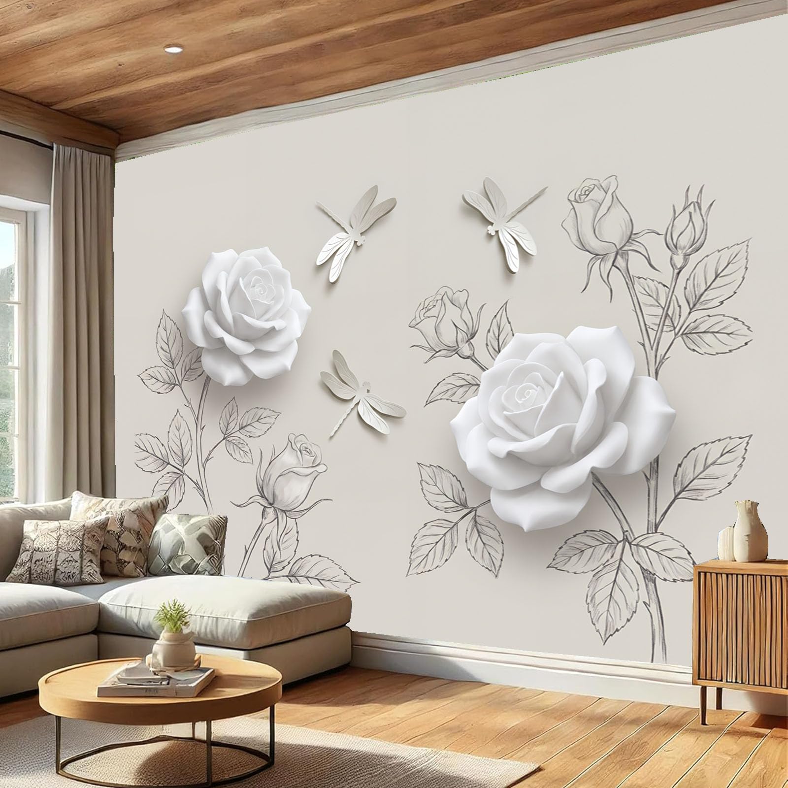 Carta da Parati Panoramica Fiori semplici in rilievo 350x256cm | Foglie di libellula rosa Foto Wallpaper Poster Gigante Design Bianco Murale Decor della Parete
