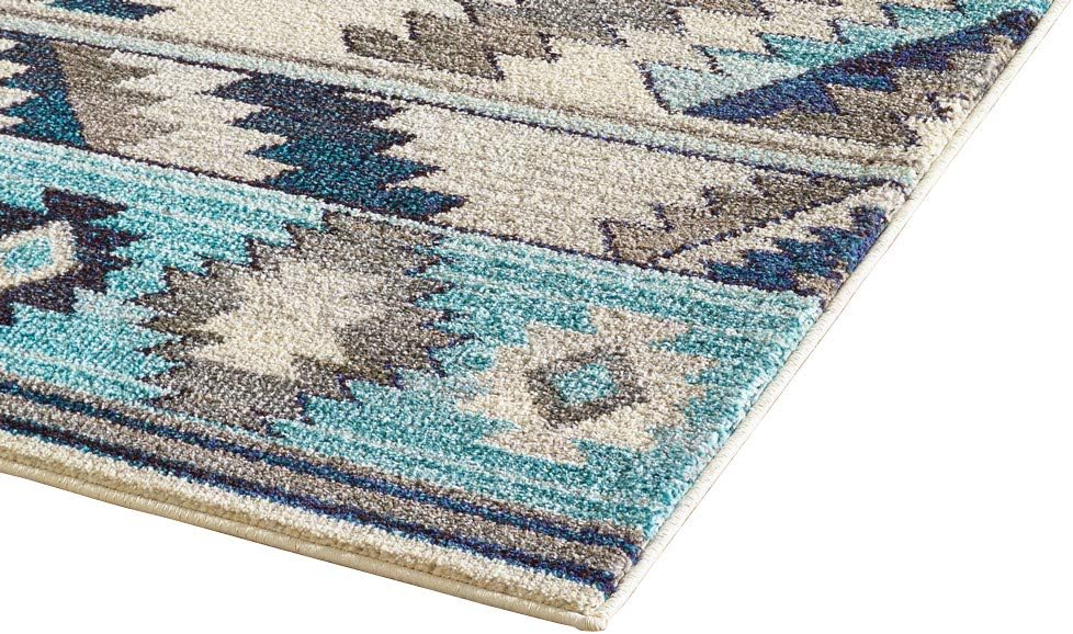 Handcraft Rugs-Southwestern Native American Modern/Faded Area Rug - Bone Gray/Navy Blue/Ivory/Aqua