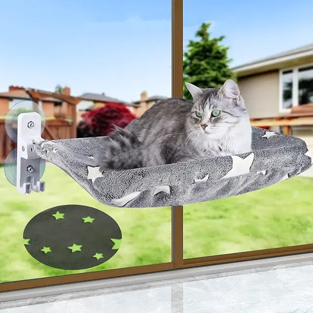 Cat Window Hammock with Glowing Star Pattern - Foldable Pet Bed for Cats