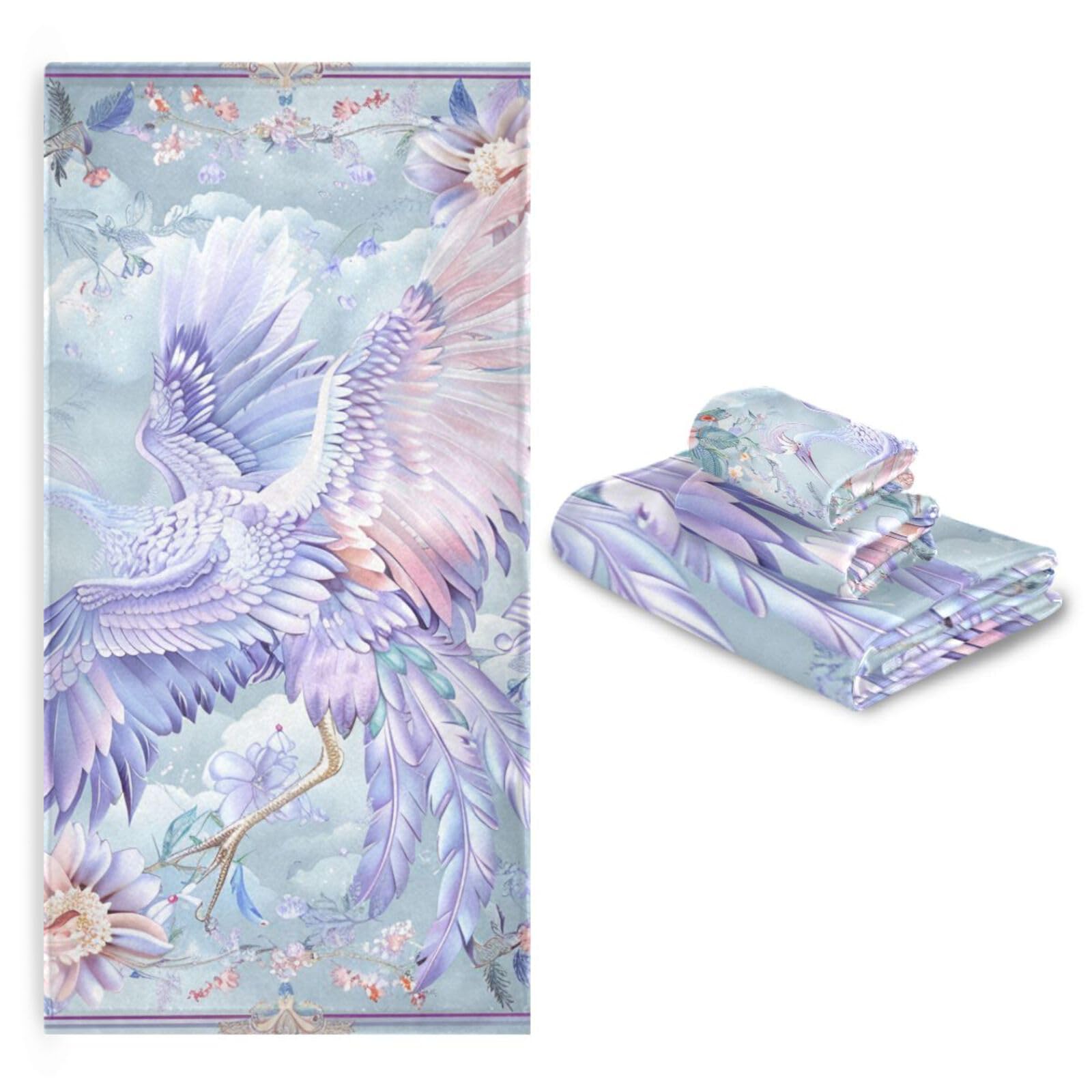 Set di 3 asciugamani morbidi in stile bohémien con fiori e gru viola, 1 asciugamano da bagno, 1 asciugamano per le mani, 1 panno per la casa, cucina e famiglia