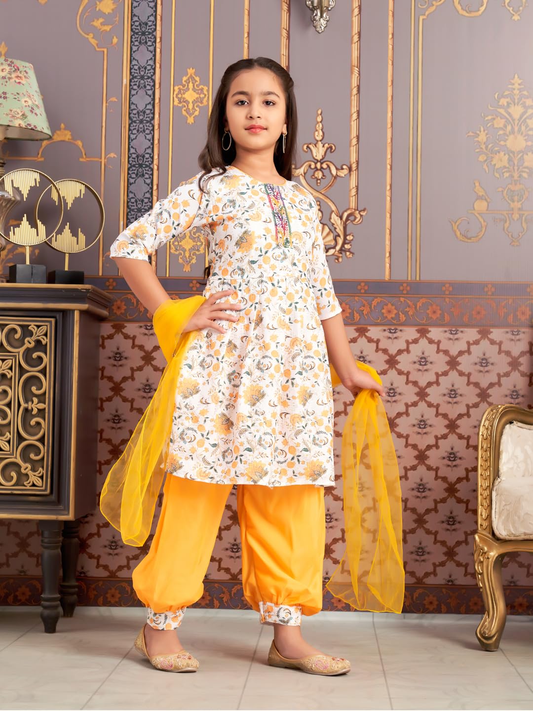 Aarika Girls Ethnic Wear Yellow-White Colour Floral Print Beads Work Polycrepe Kurti Patiala Set With Dupatta-3-13 Years (Pt-Shm-5006)